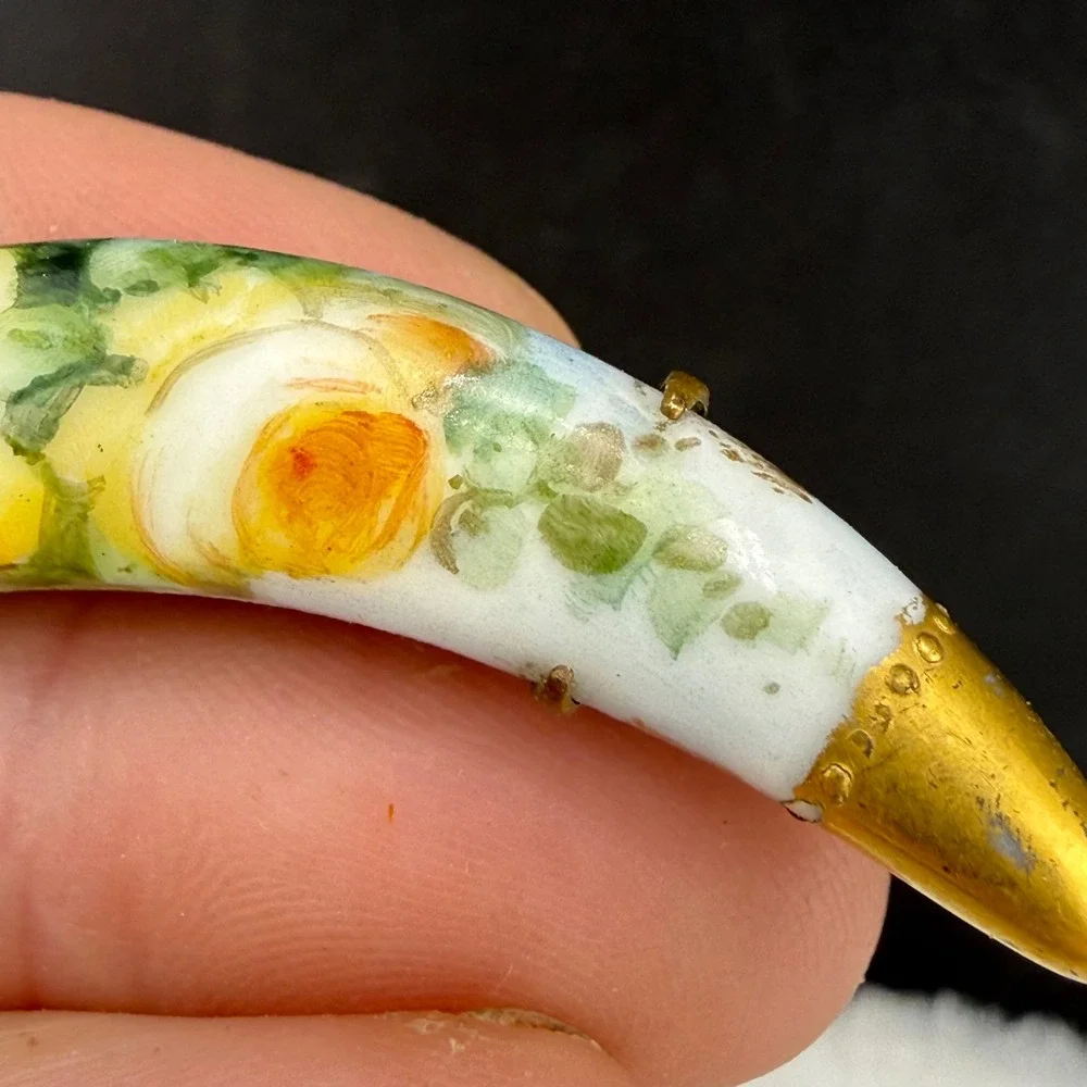Vintage Victorian Hand Painted Porcelain Brooch Crescent Moon Yellow Rose Floral